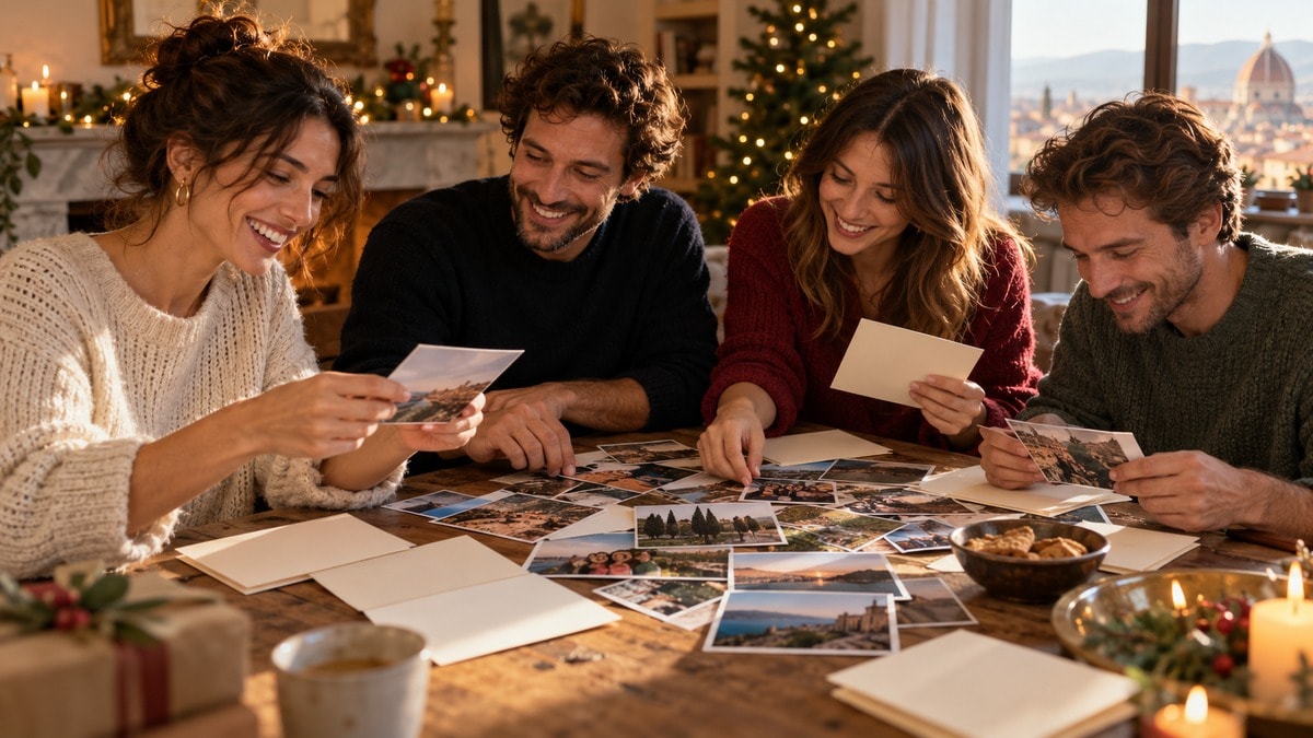 Amici che riguardano fotografie e preparano messaggi di fine anno