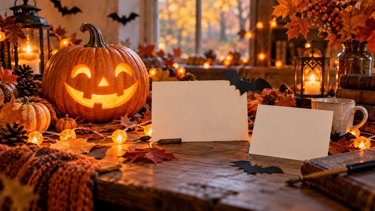Zucche luminose e biglietti vuoti per messaggi di Halloween