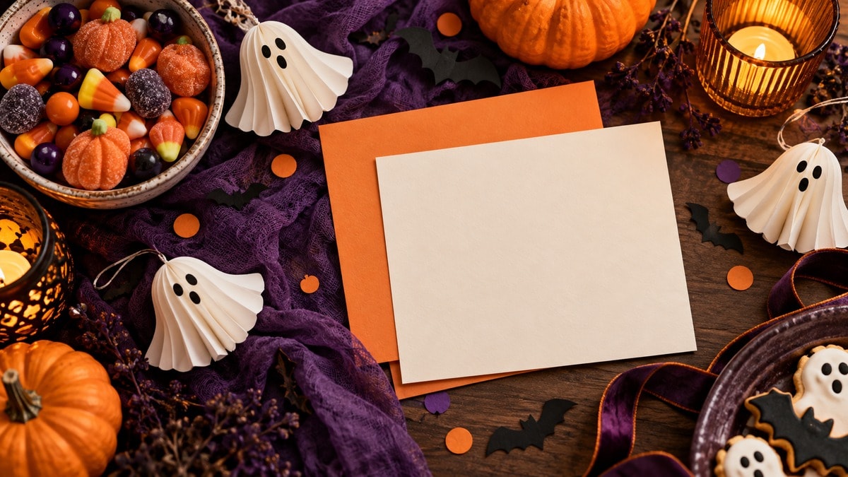 Inviti di Halloween con fantasmini di carta e dolcetti