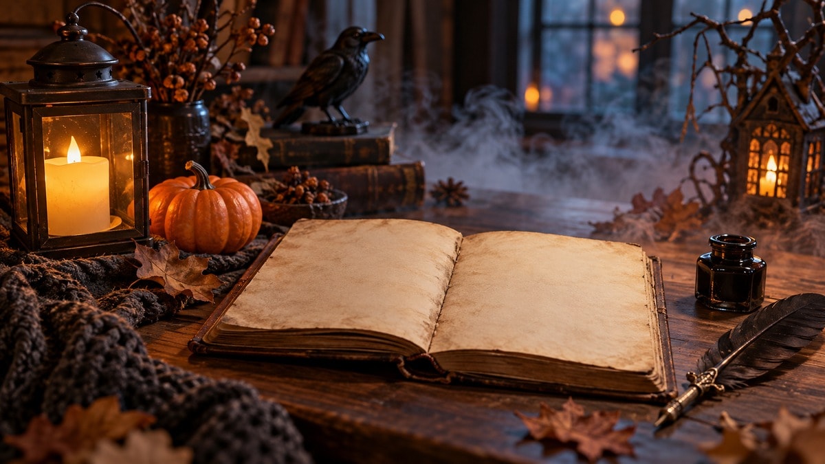Quaderno e zucca in una scena autunnale misteriosa per un video
