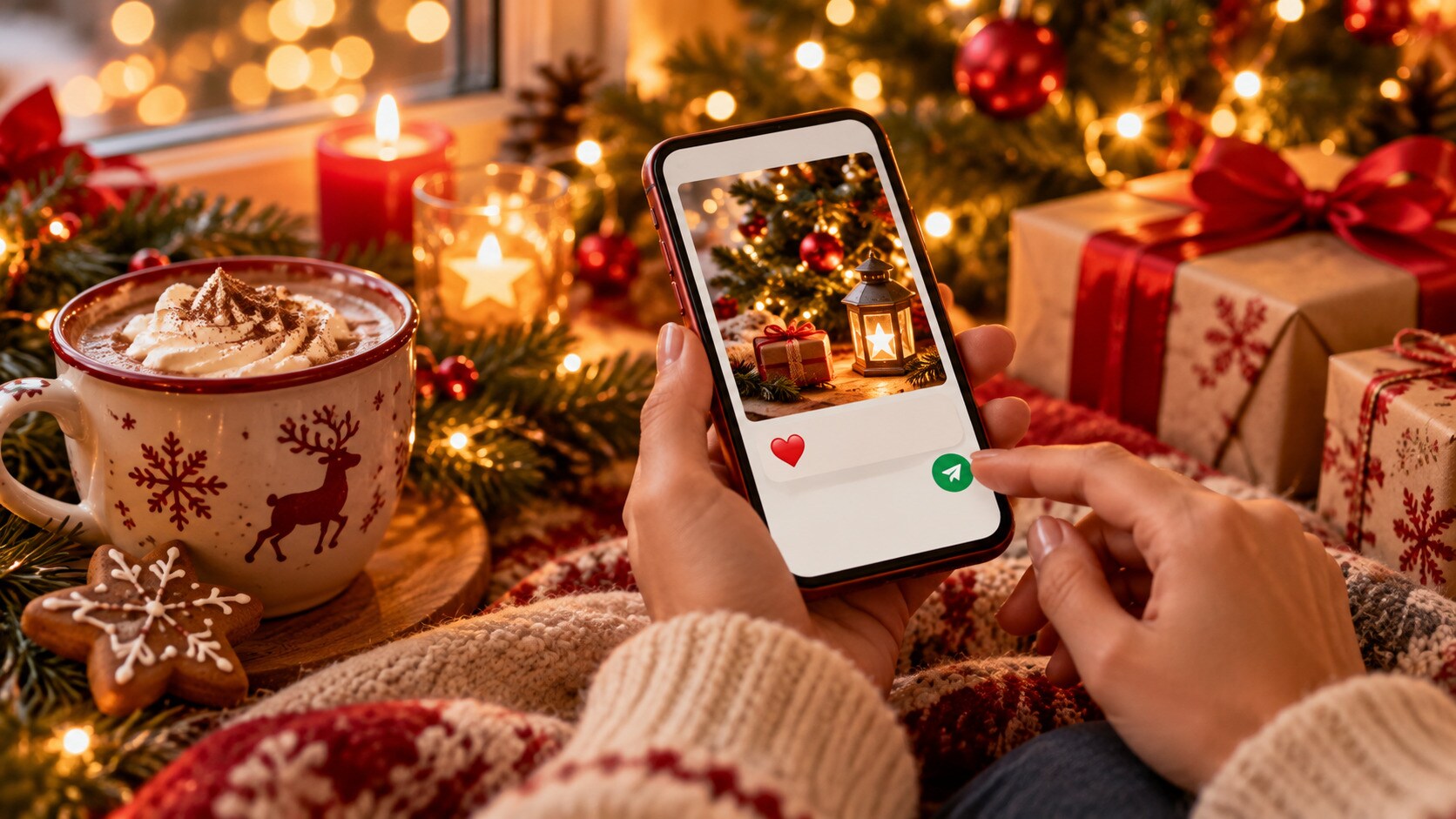 Messaggi di Natale su WhatsApp con atmosfera festiva e smartphone