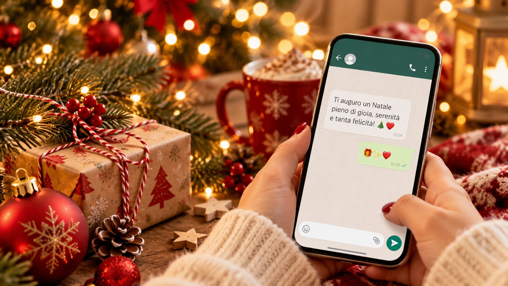 Persona che invia auguri di Natale personalizzati da smartphone