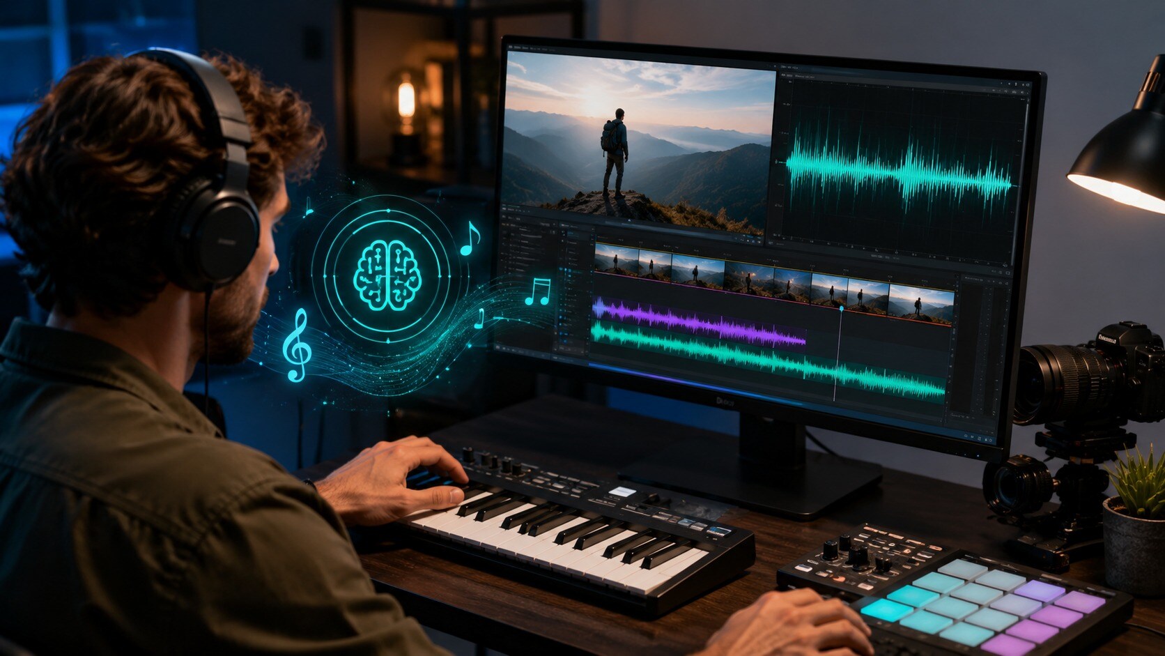 Producer che sincronizza una traccia generata con l’AI su una timeline video