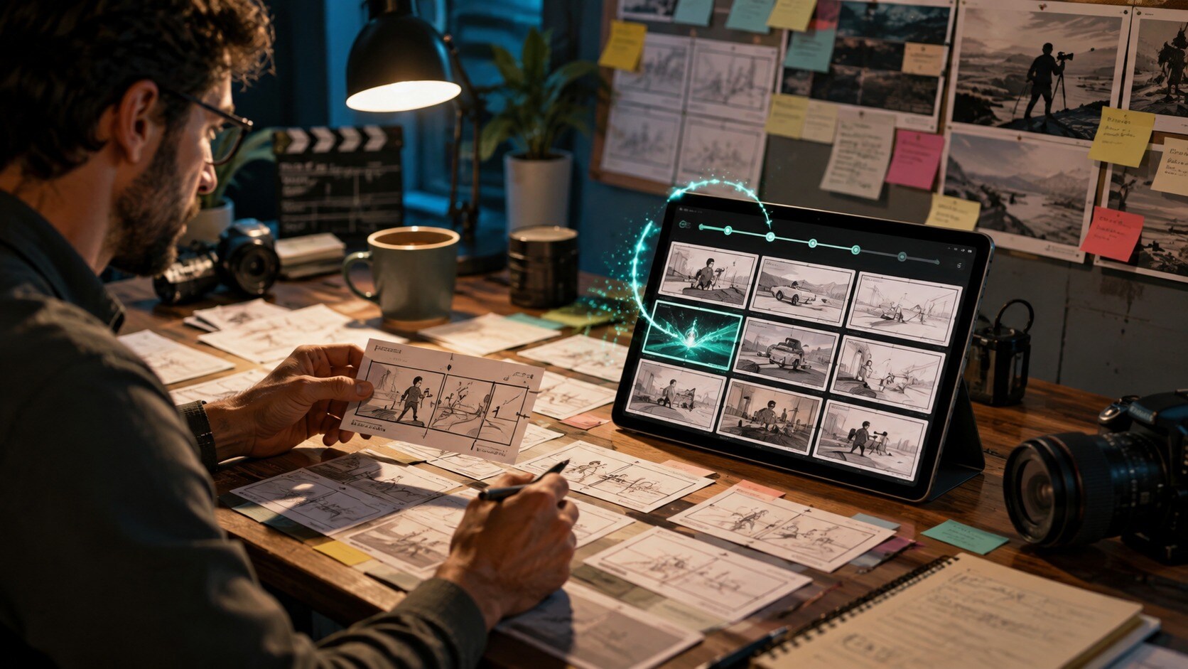Storyboard artist che pianifica scene video con uno strumento AI da testo