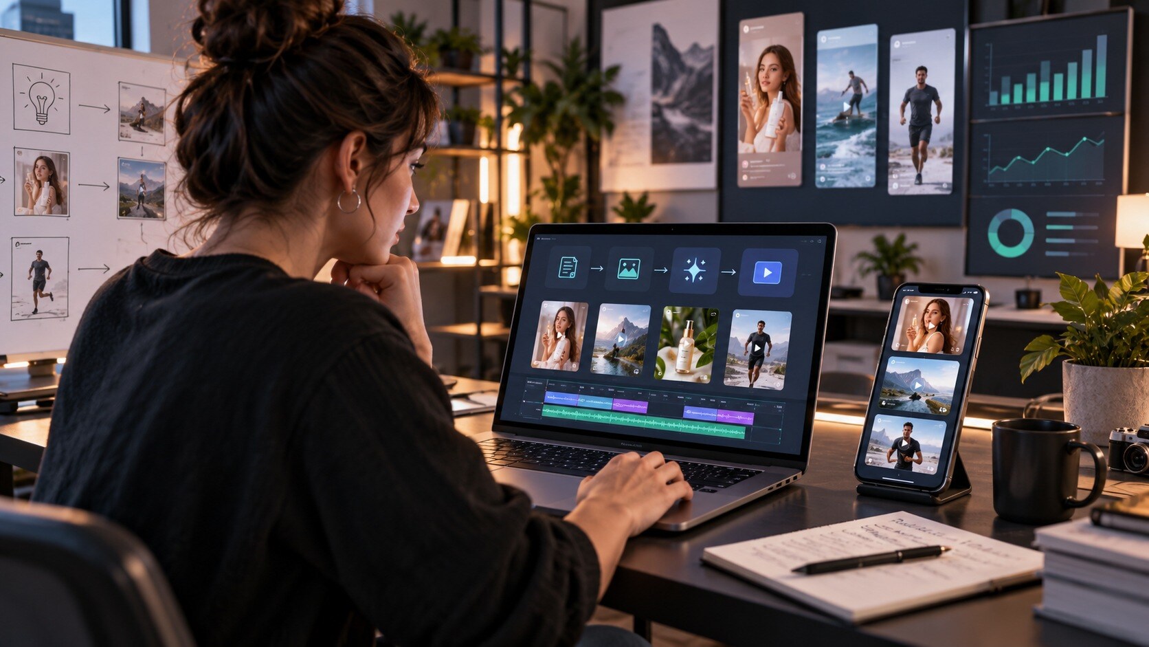 Creator che prepara un video pubblicitario AI con brief e storyboard