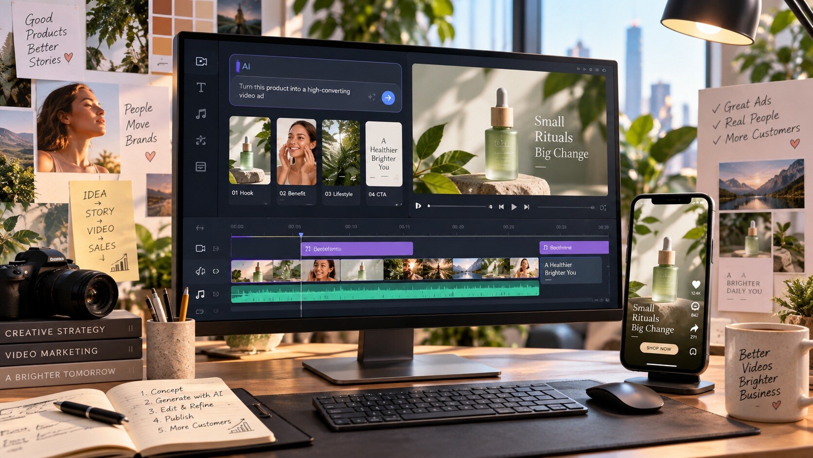 Workflow Filmora AI per creare varianti di video ads con hook voiceover caption e CTA