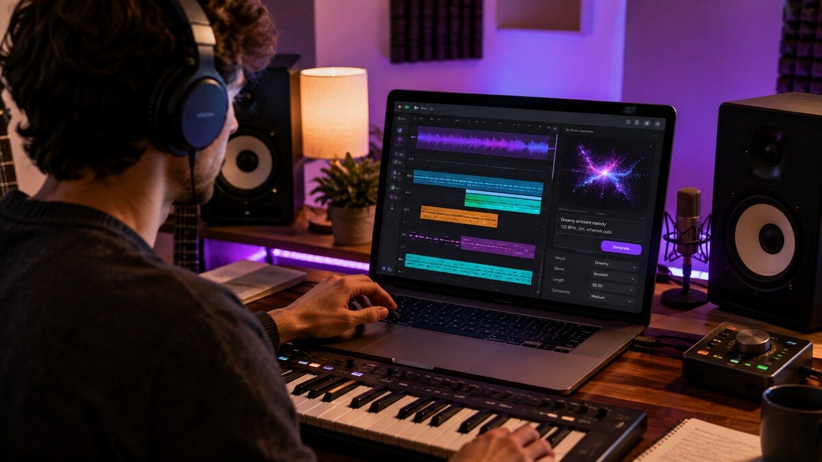 Producer in studio che crea una traccia con un generatore di musica AI