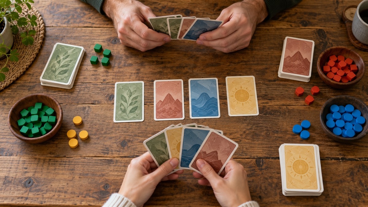 Carte e segnalini in una scena illustrativa di gioco per due