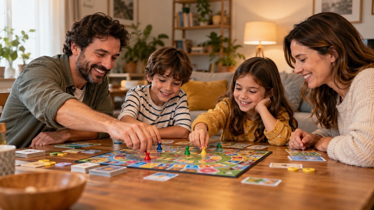 Una famiglia riunita intorno a un gioco da tavolo illustrativo