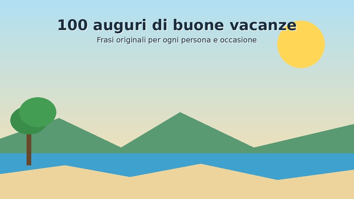 Paesaggio estivo con mare, sole e titolo 100 auguri di buone vacanze