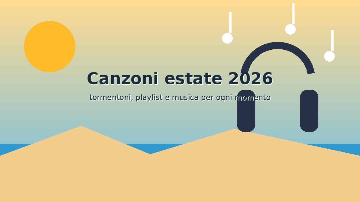 Illustrazione estiva con cuffie, note musicali, mare e titolo Canzoni estate 2026