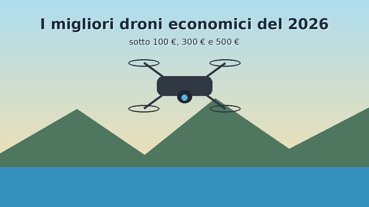 Drone economico sopra un paesaggio con titolo guida 2026