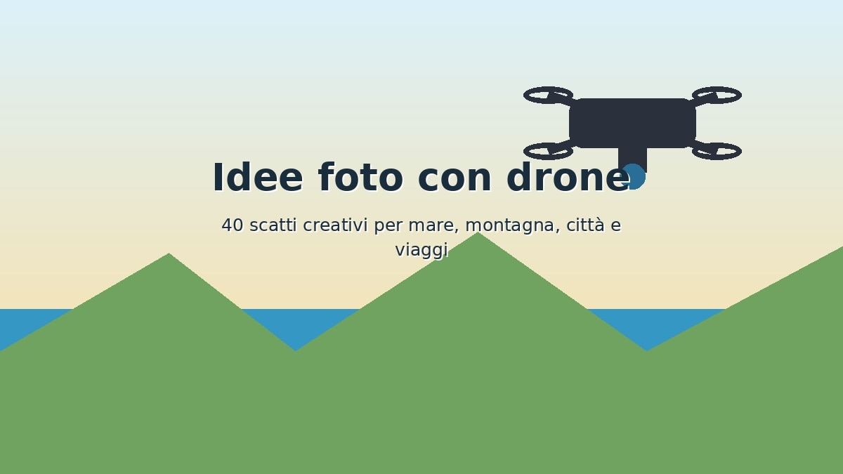 Drone sopra un paesaggio di mare e montagna con titolo Idee foto con drone