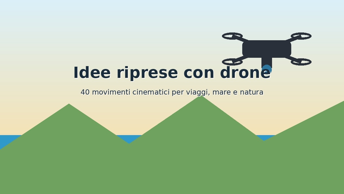 Drone sopra un paesaggio di mare e montagna con titolo Idee riprese con drone