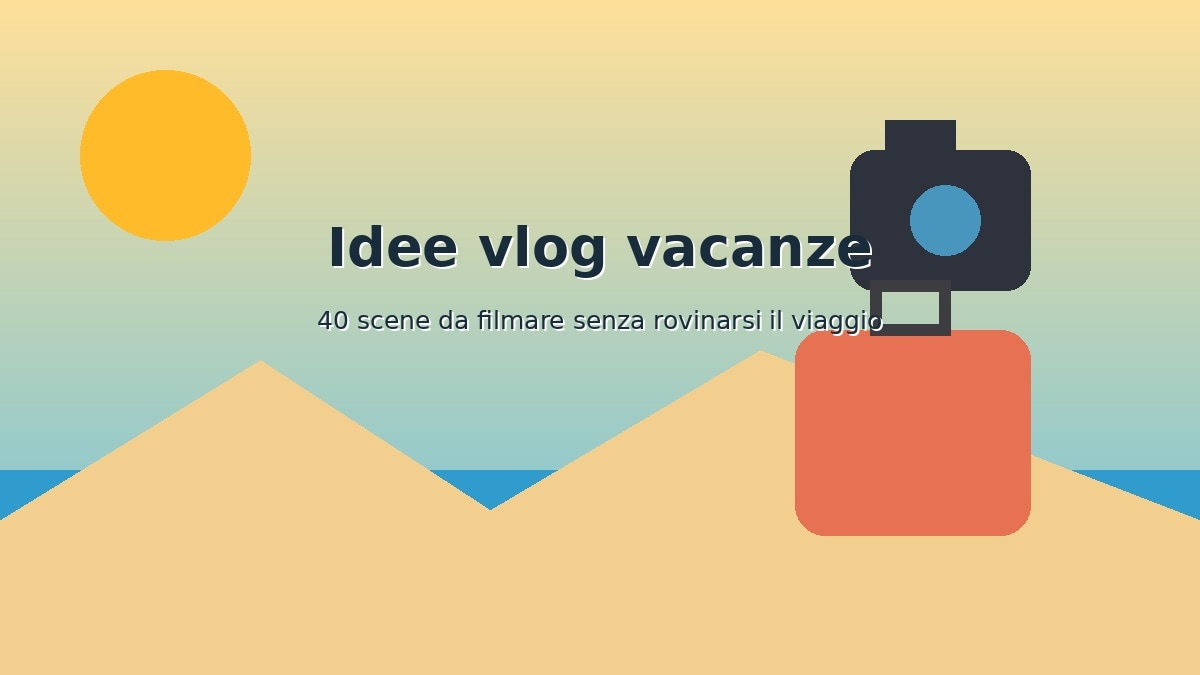 Valigia e videocamera in un paesaggio estivo con titolo Idee vlog vacanze