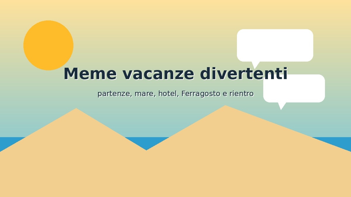 Spiaggia estiva con fumetti e titolo Meme vacanze divertenti