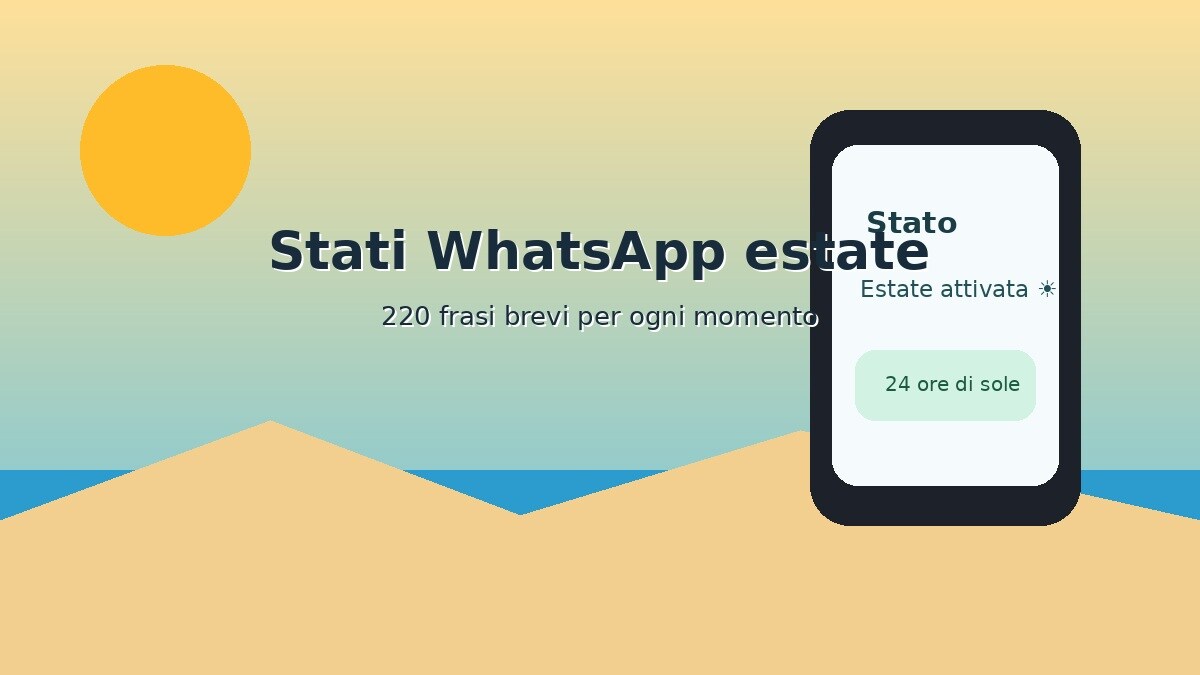 Illustrazione estiva con smartphone e titolo Stati WhatsApp estate