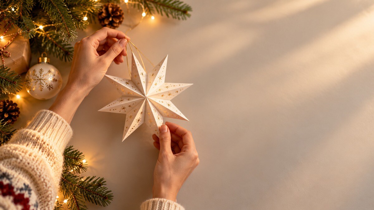 Mani che preparano una stella di carta per una sequenza natalizia