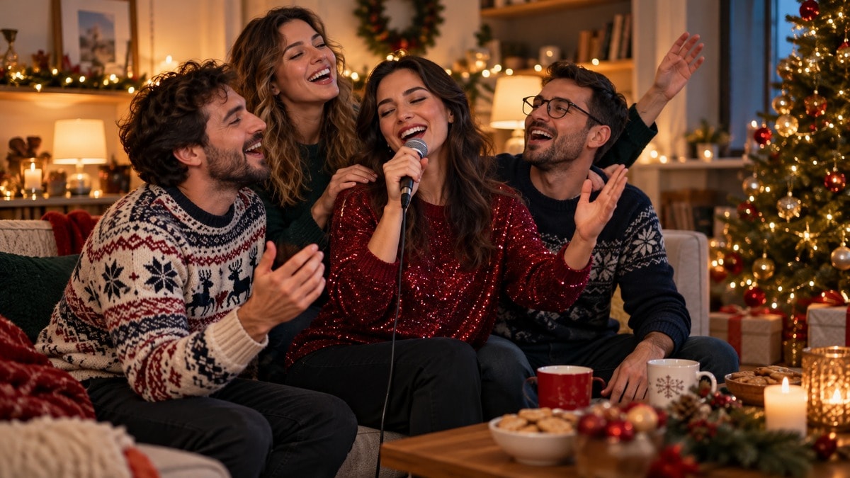 Amici adulti che partecipano a un karaoke natalizio in salotto