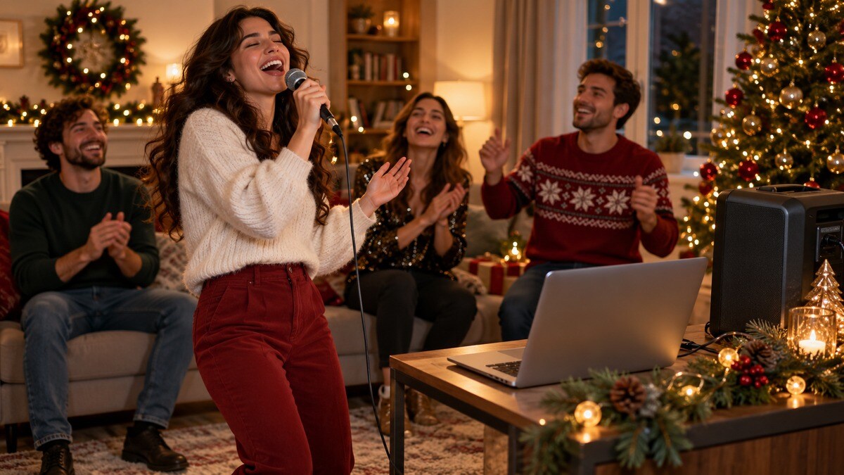 Amici che cantano in un salotto decorato per Natale