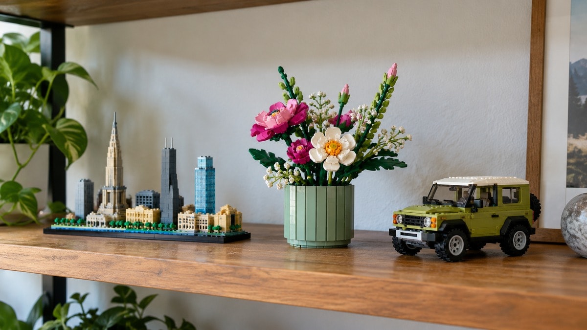 Mensola con creazioni generiche in mattoncini: fiori, paesaggio urbano e veicolo