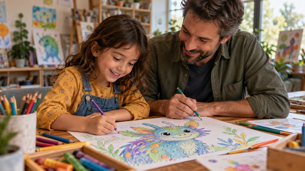 Genitore e bambino disegnano un personaggio originale durante un laboratorio immaginario