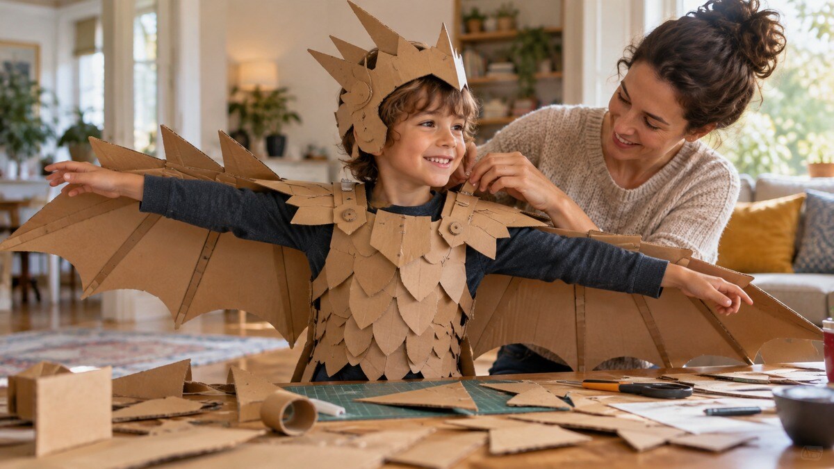 Genitore e bambino costruiscono a casa un costume originale di cartone