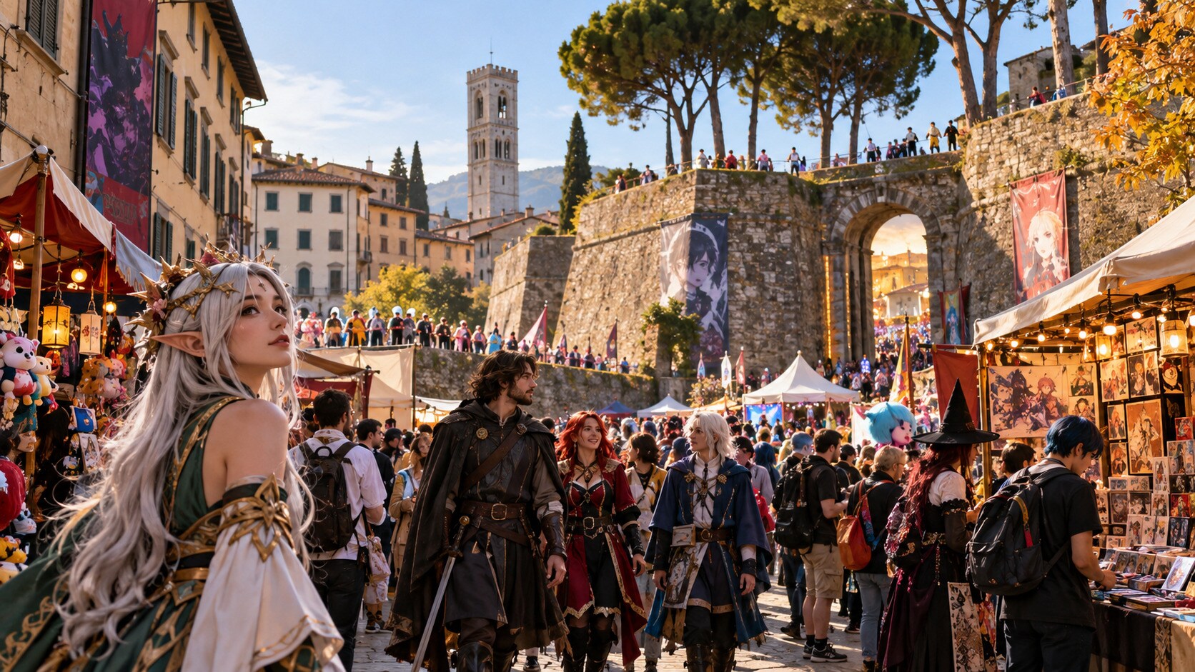 Centro storico di Lucca durante Lucca Comics and Games con cosplay e padiglioni