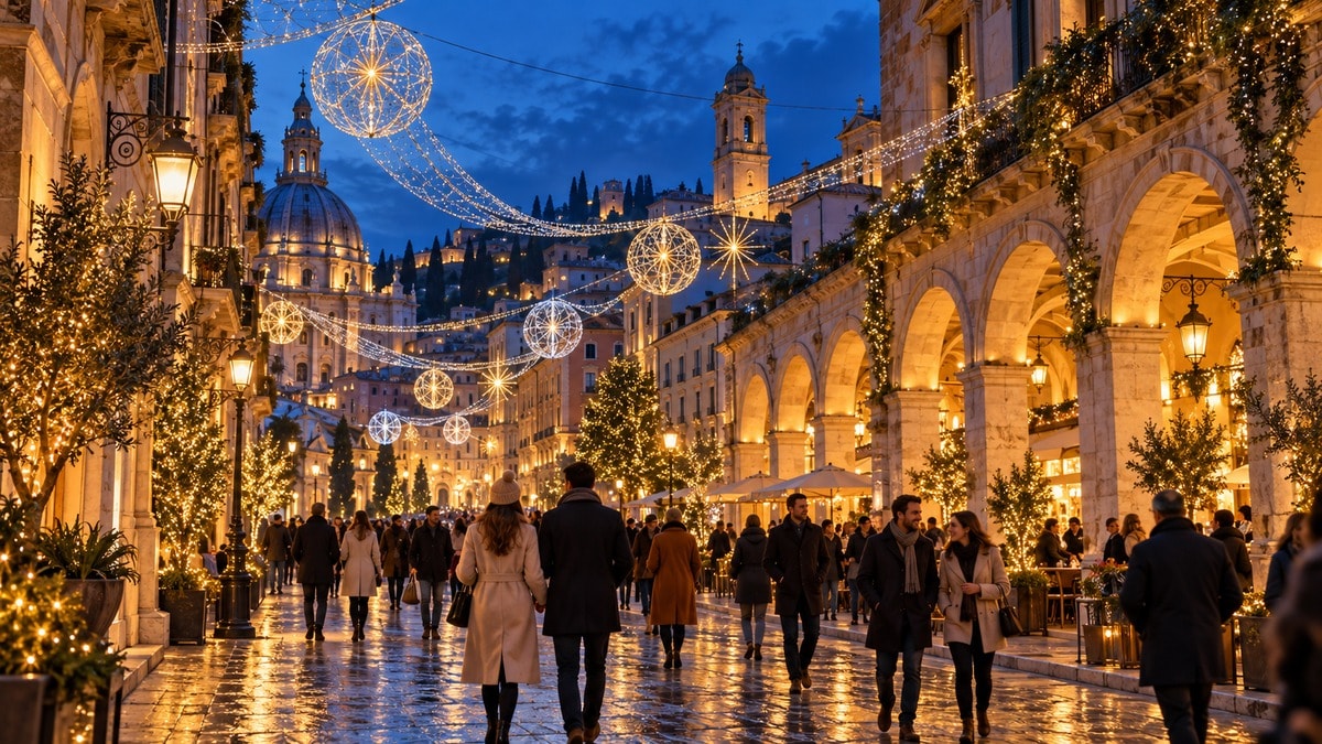 Via italiana immaginaria con installazioni luminose e visitatori al crepuscolo