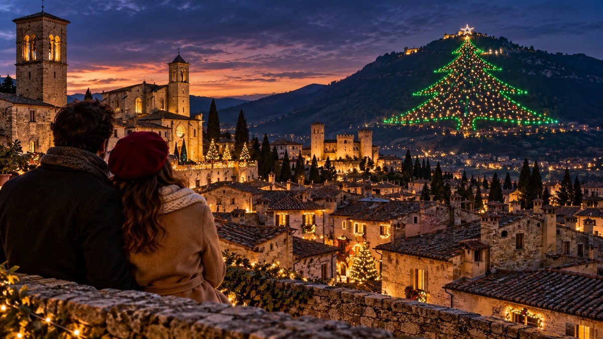Coppia che osserva da un borgo un grande albero luminoso su una collina