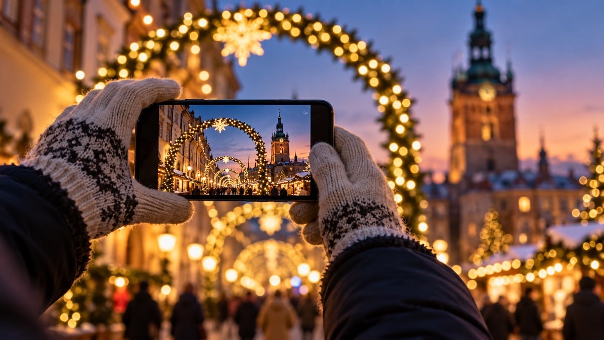 Telefono tenuto fermo per inquadrare un percorso di luminarie al crepuscolo