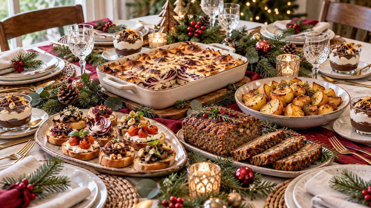 Tavola natalizia con crostini, lasagne, polpettone di lenticchie, patate e dolci in bicchiere