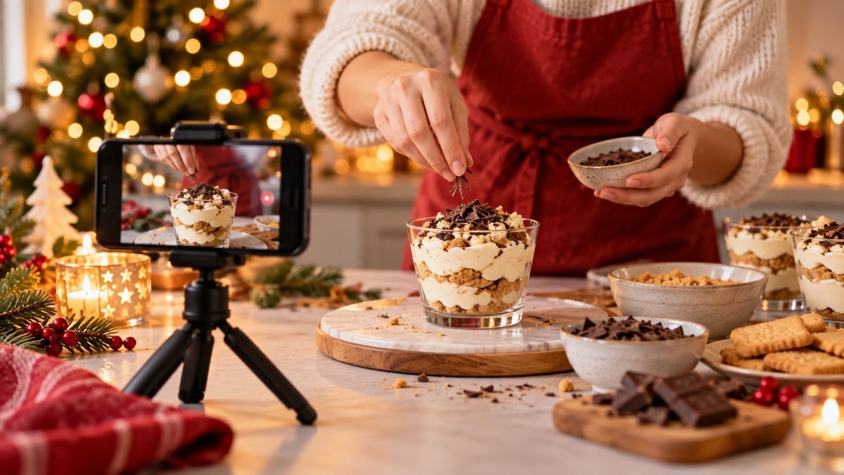 Telefono su treppiede che riprende la decorazione di un dessert natalizio in bicchiere