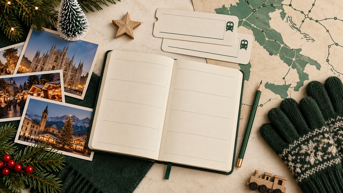 Agenda illustrata con accessori da viaggio per organizzare le date dei mercatini