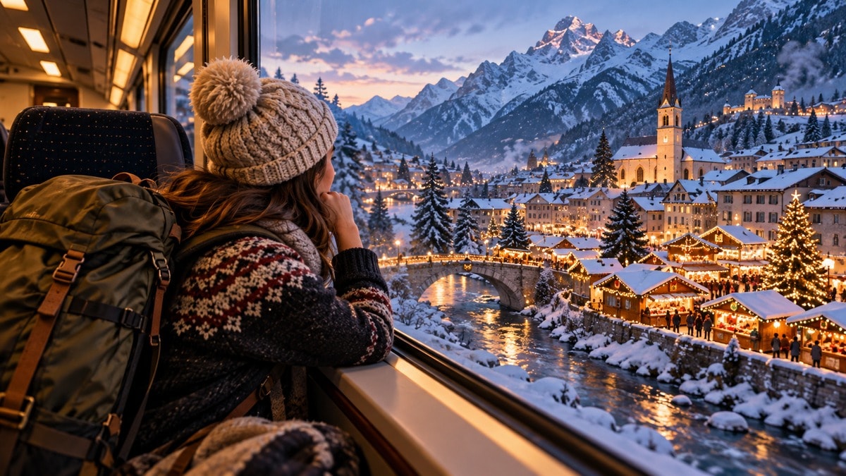 Viaggiatore illustrato in treno verso una località alpina in inverno