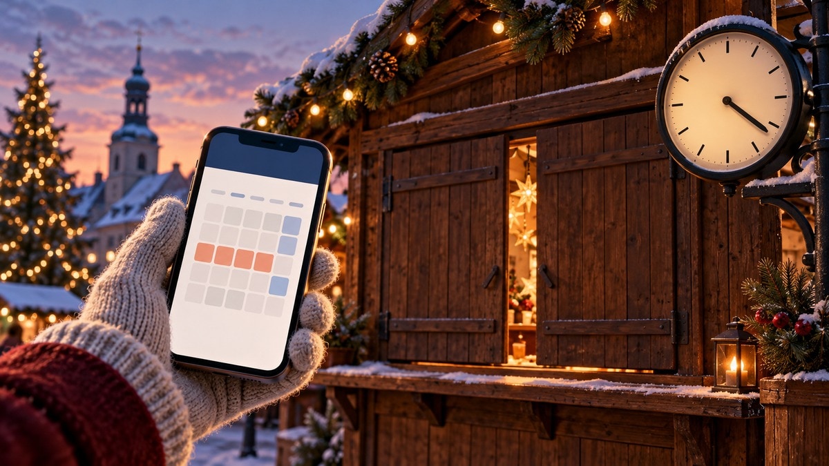 Mano con telefono e calendario astratto vicino a una casetta natalizia chiusa