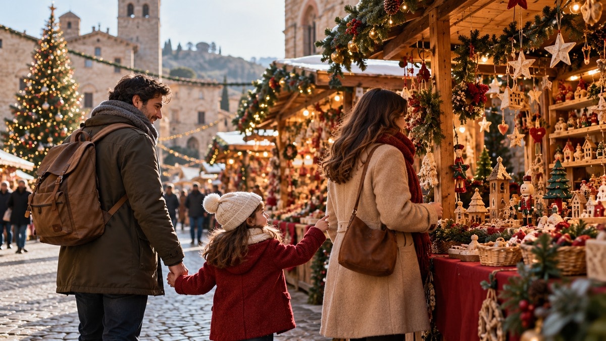 Famiglia con bambino passeggia in un mercatino natalizio immaginario