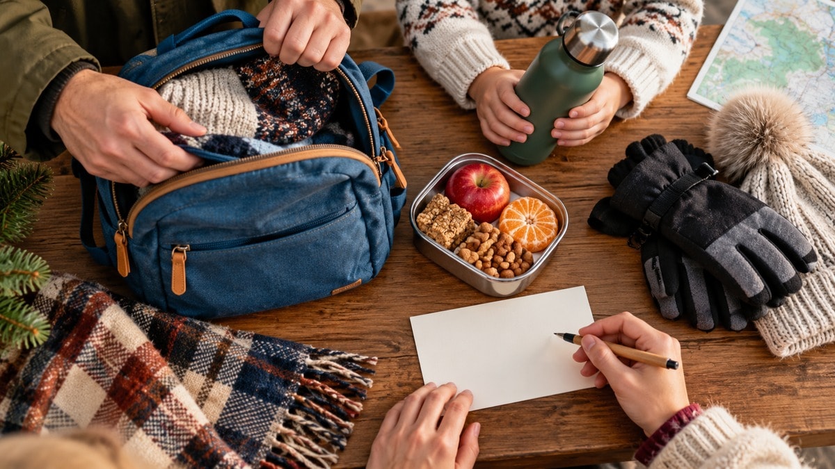 Zaino, guanti, borraccia e contenitore per merenda pronti per una gita