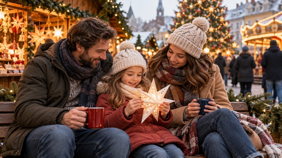 Famiglia in pausa su una panchina, bambino con una stella di carta