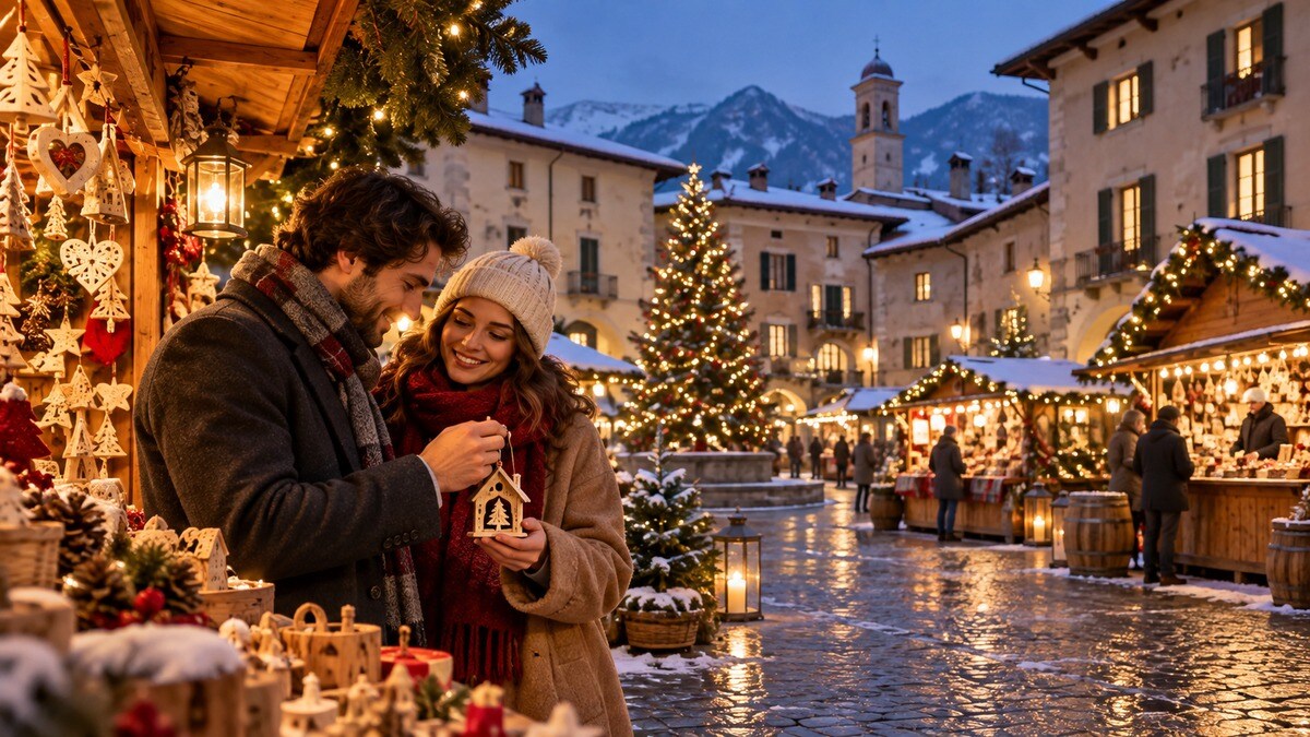 Illustrazione di un mercatino in un borgo dell’Italia settentrionale