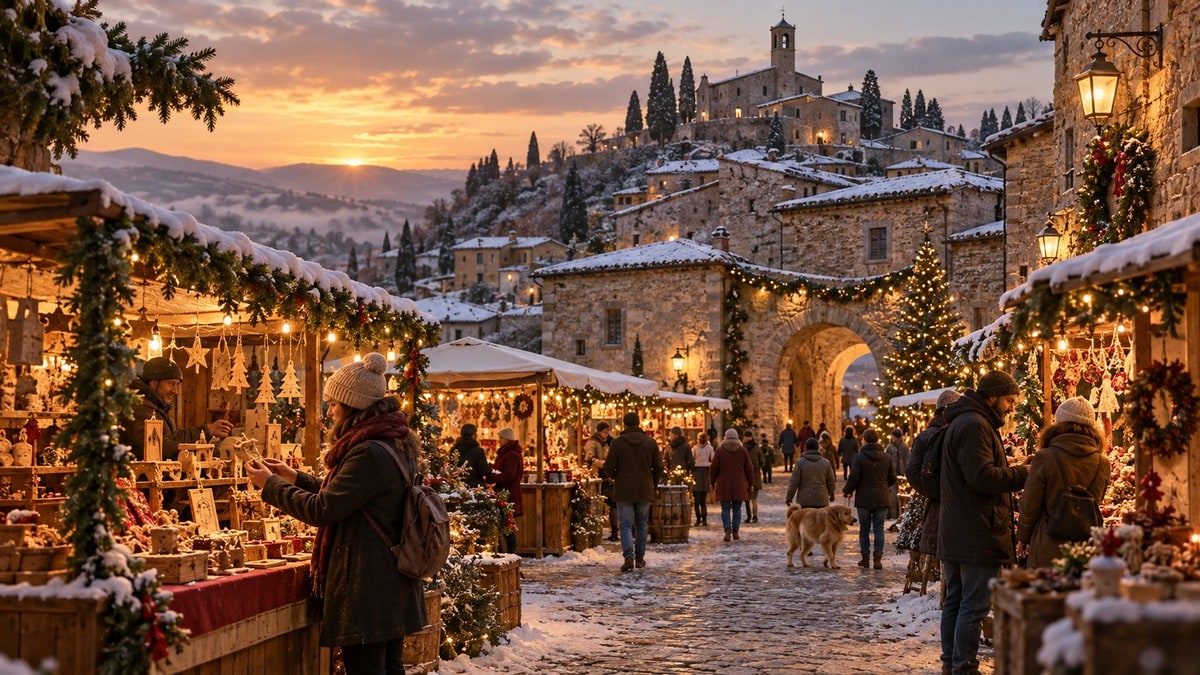 Scena immaginaria di un mercatino natalizio in un borgo di pietra dell’Italia centrale