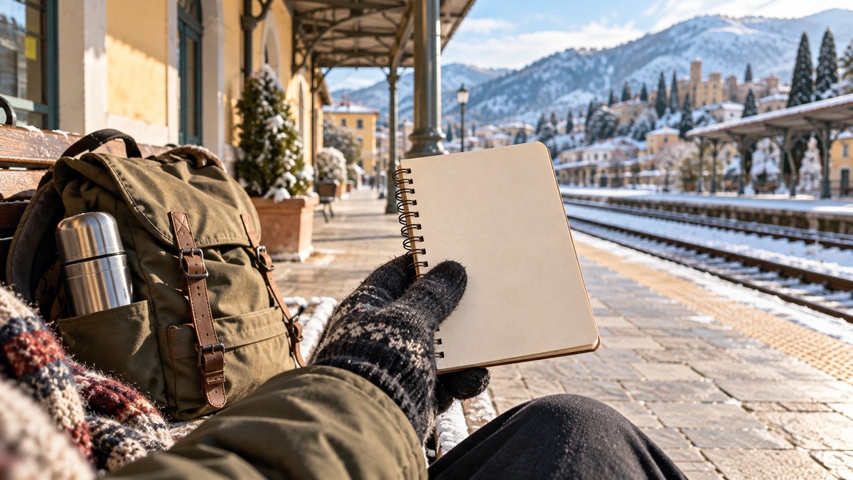Preparazione per una gita invernale presso una stazione ferroviaria italiana generica