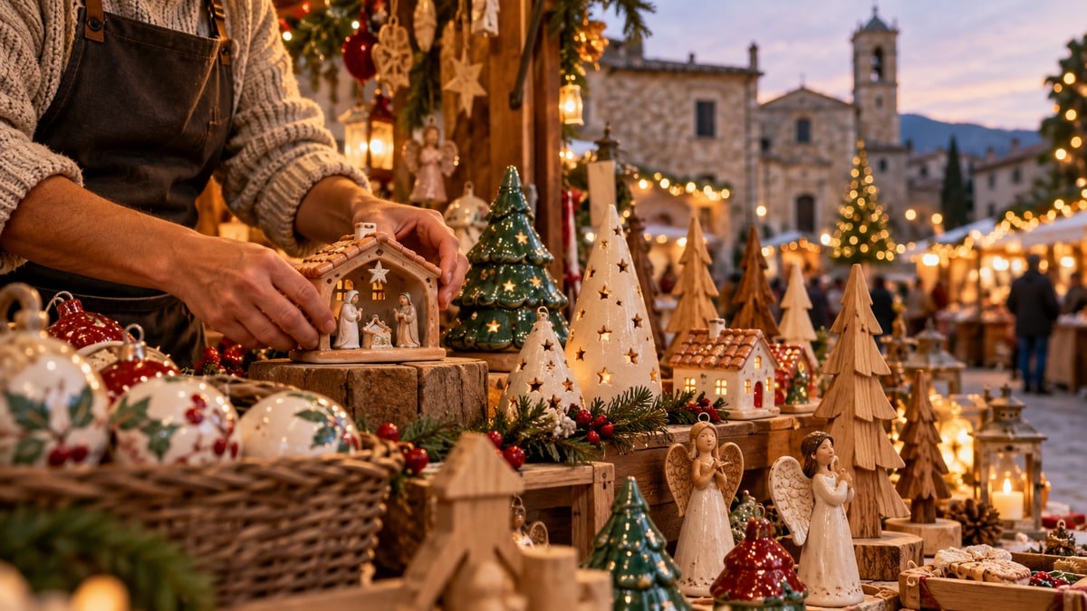 Artigiano dispone ceramiche e piccoli oggetti natalizi su un banco immaginario