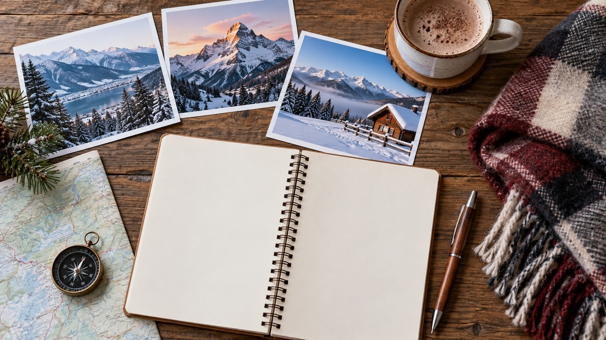 Quaderno vuoto, sciarpa e fotografie di paesaggi alpini per organizzare un viaggio invernale