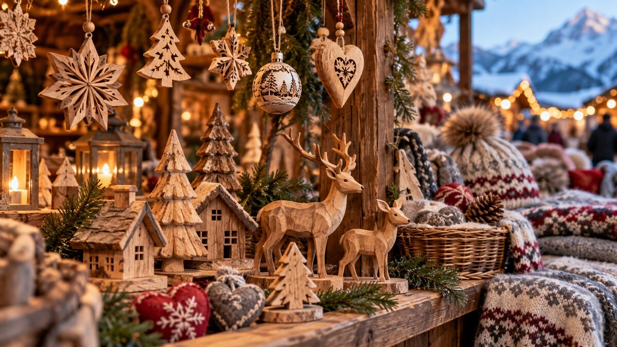 Decorazioni di legno e oggetti di lana su un banco natalizio immaginario