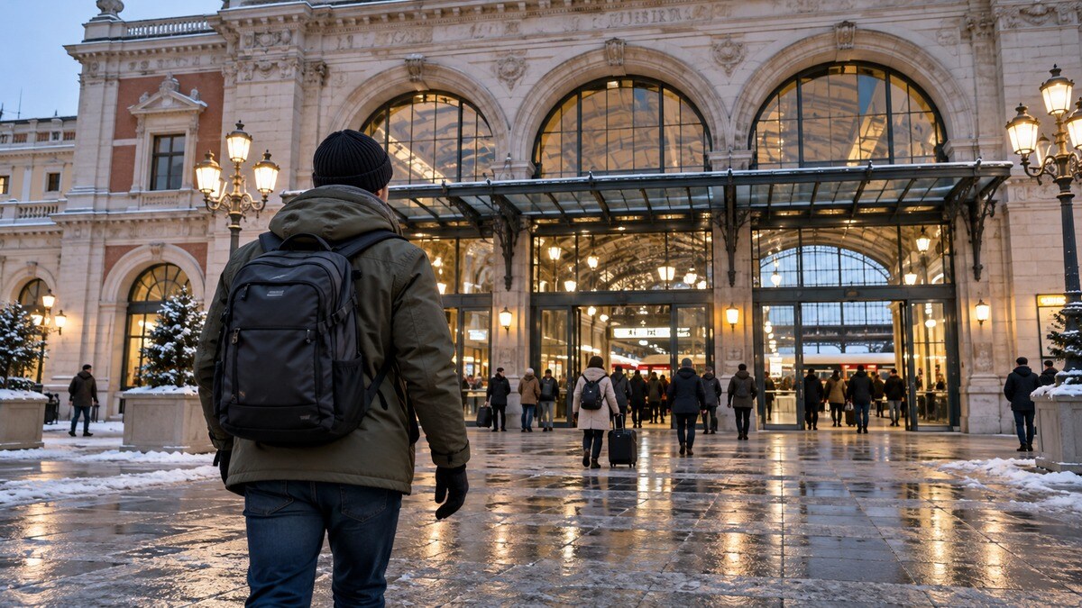 Viaggiatore invernale con zaino davanti a una stazione italiana generica