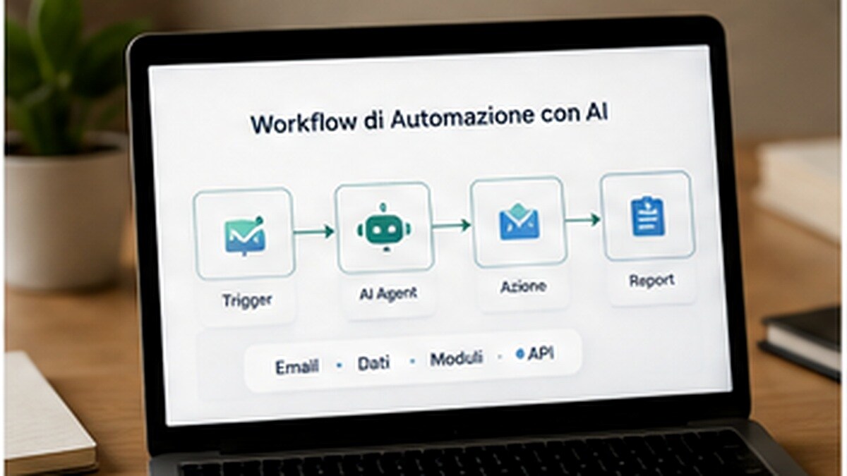 Workflow aziendale che automatizza form CRM email e report con AI