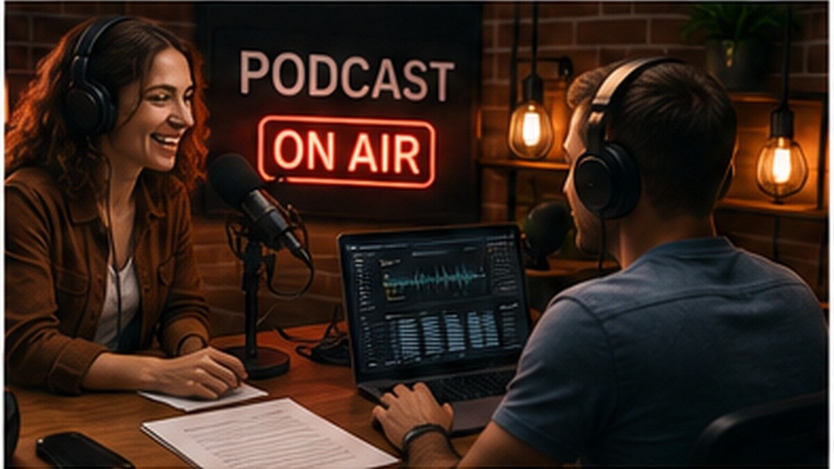 Studio podcast con host, microfoni e postazione di editing