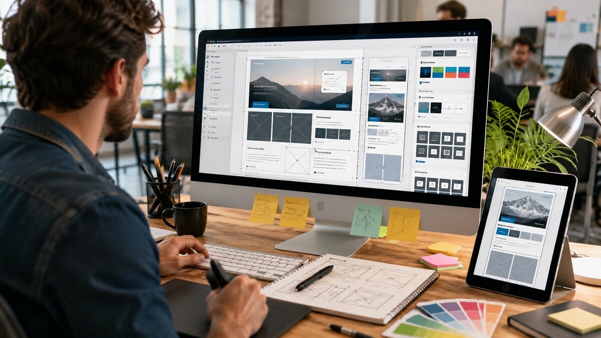 Designer UX che crea un sito web con strumenti AI in un ambiente di lavoro reale