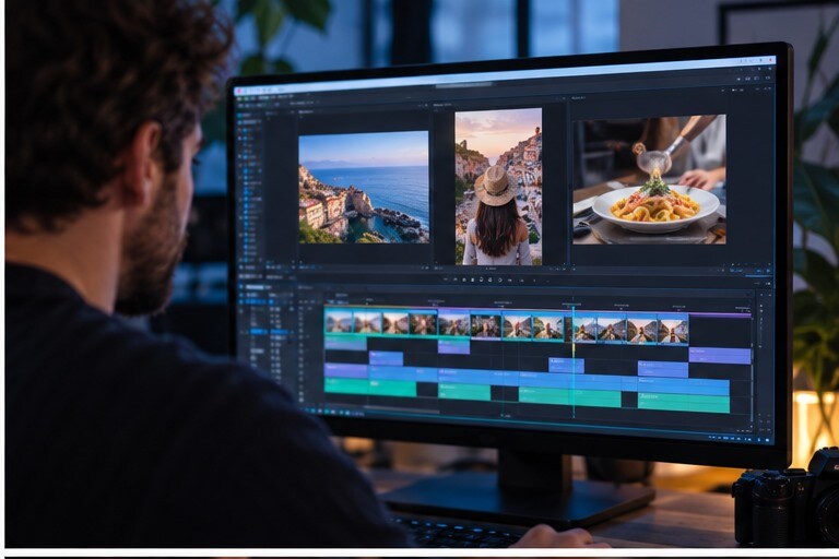 Editor che confronta clip generate da testo e immagini in una timeline verticale